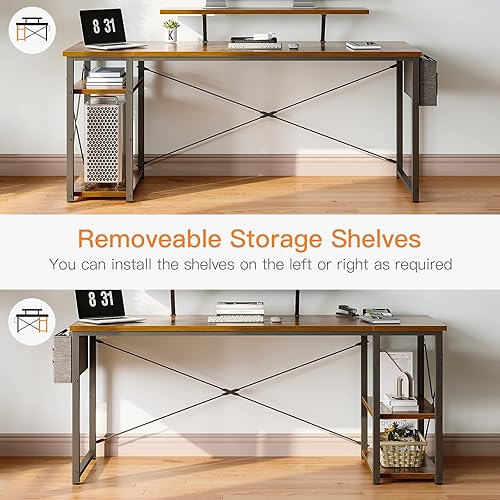 Miniatura 5 de ODK Escritorio para computadora de oficina en casa de 63 pulgadas con soporte para monitor y estantes de almacenamiento reversibles de 2 niveles,