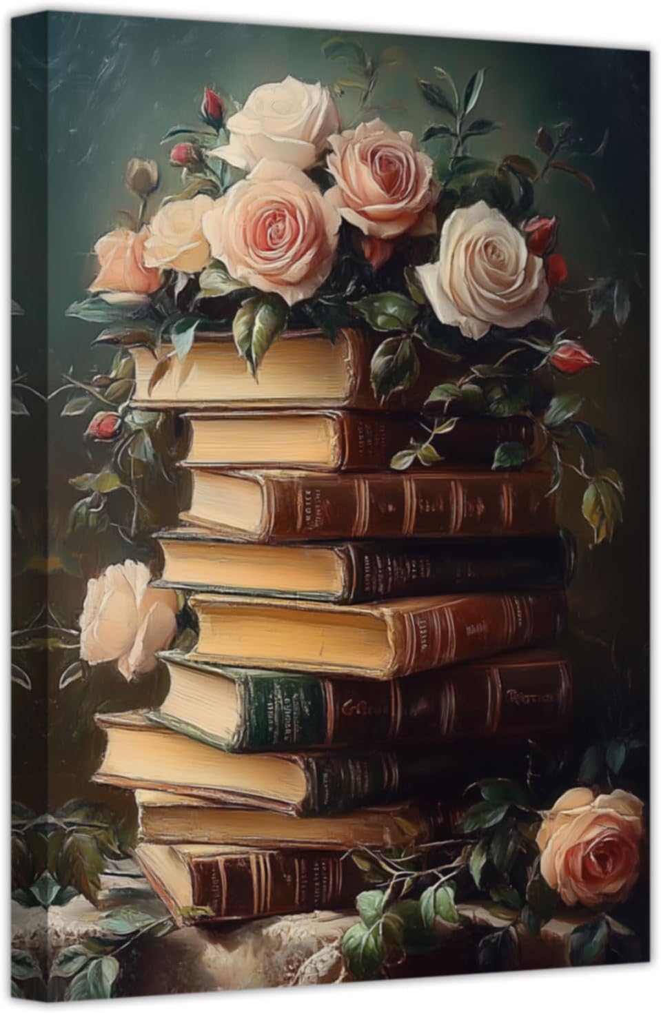 CHAOSETKEN Vintage Books Wall Art Flower and Books Canvas Prints Moody Floral Pictures Aesthetic Poster Rustic Still Life Artwork for Library Office Decor Framed (Black,18" L x 12" W)