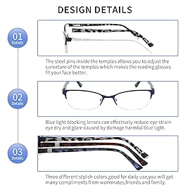 CRGATV 3-Pack Reading Glasses for Women Blue Light Blocking Metal Half Frame Computer Readers Anti UV/Eye Strain/Glare (+1.0 Magnification Strength)