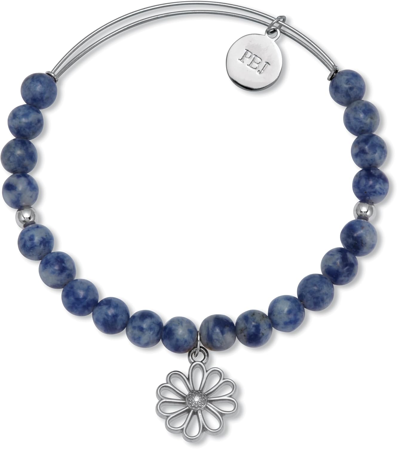 PalmBeach Silvertone Genuine Blue Sodalite and Round Cubic Zirconia, Flower Charm Bangle Bracelet (6mm), 7.5 inches