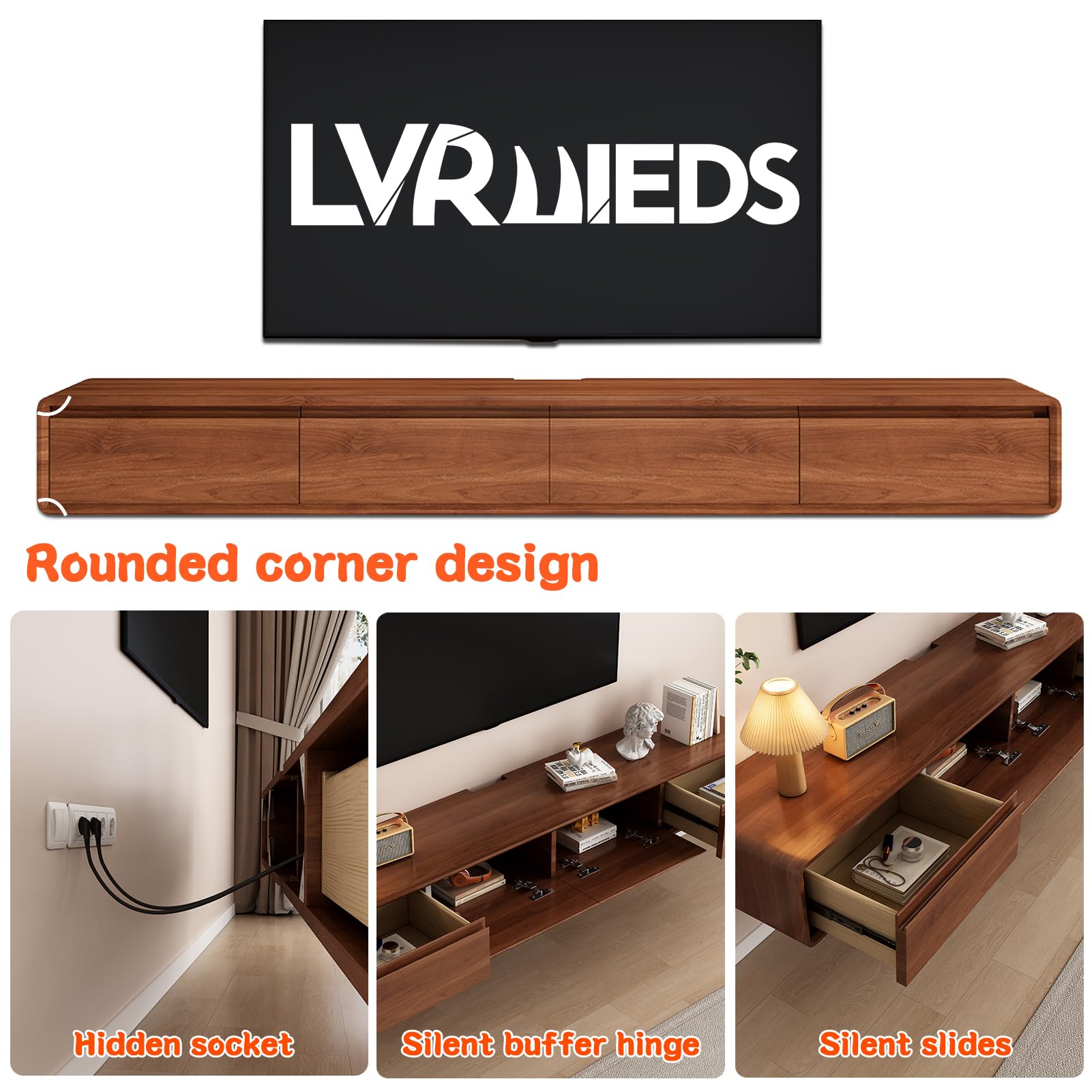 Schwebende TV-Einheit – Wandmontierte Medienkonsole mit 2 Klapptüren und 2 Schubladen, Entertainment-Center, TV-Schrank, Video-Regal für Zuhause (Walnuss, 160 cm)