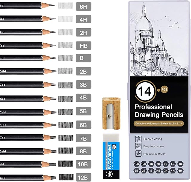 Telgoner Sketching Pencils, 17pcs Drawing Pencils Sketch Pencil Set 12B 10B 8B 7B 6B 5B 4B 3B 2B B HB 2H 4H 6H Artist Pencil for Kids & Adults Art Pencils with Eraser Sharpener Pencil Case