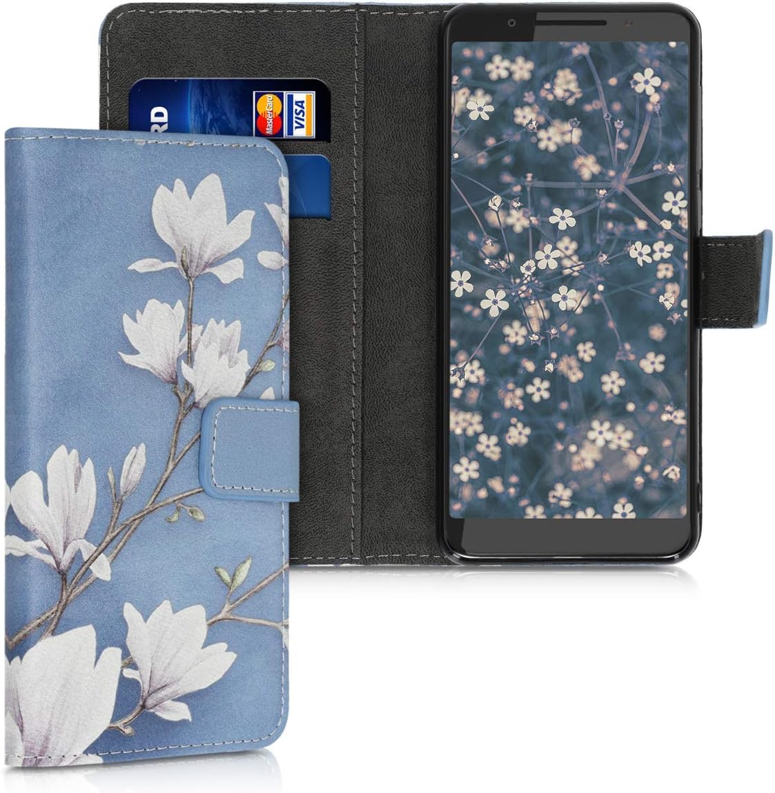 kwmobile Wallet Case Compatible with Alcatel 3 / 3L (2019) - Case Faux Leather Cover - Magnolias Taupe/White/Blue Grey
