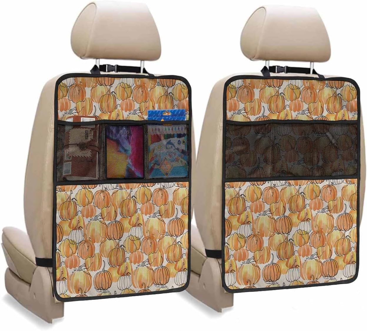 T&H XHome Car Seat Protector, 2 Pack Kick Mats with Organizer - 3 Pocket Storage, Thanksgiving Orange Hand Drawn Pumpkin Back Seat Cover for Kids Universal Fit Automotive Interior Protectors