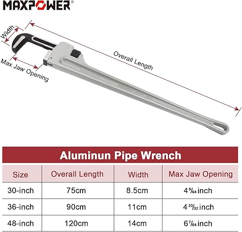 Miniatura 22 de MAXPOWER Llave de tubo de 14 pulgadas, llave de plomería de aluminio 40% más ligera, llaves de tubo recto resistente, capacidad máxima de 2 pulgadas
