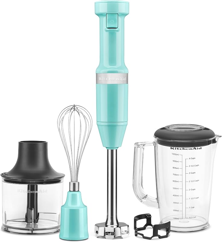 Variable Speed Corded Hand Blender with Attachments, KHBV83 | Includes Blending Pitcher, Whisk, And Chopper Attachments, Removable 8" Blending Arm, Variable Speed Trigger, Aqua Sky