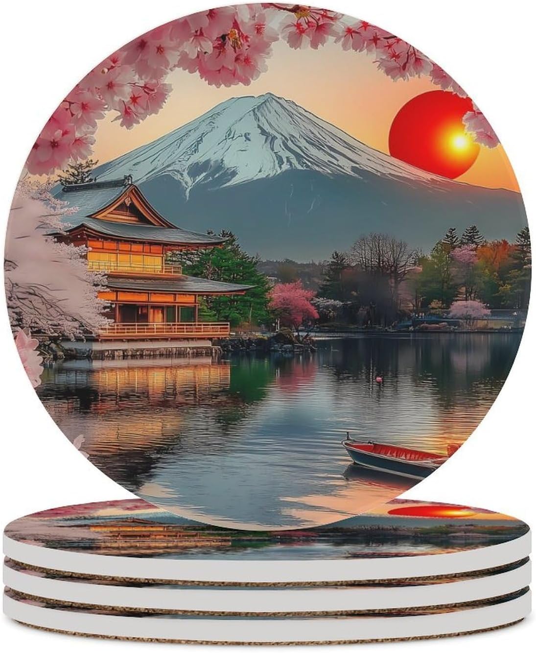 Japanese Fuji Cherry Flowers Coasters for Drink Round Ceramic Coaster with Cork Base Home Decorative 6PCS