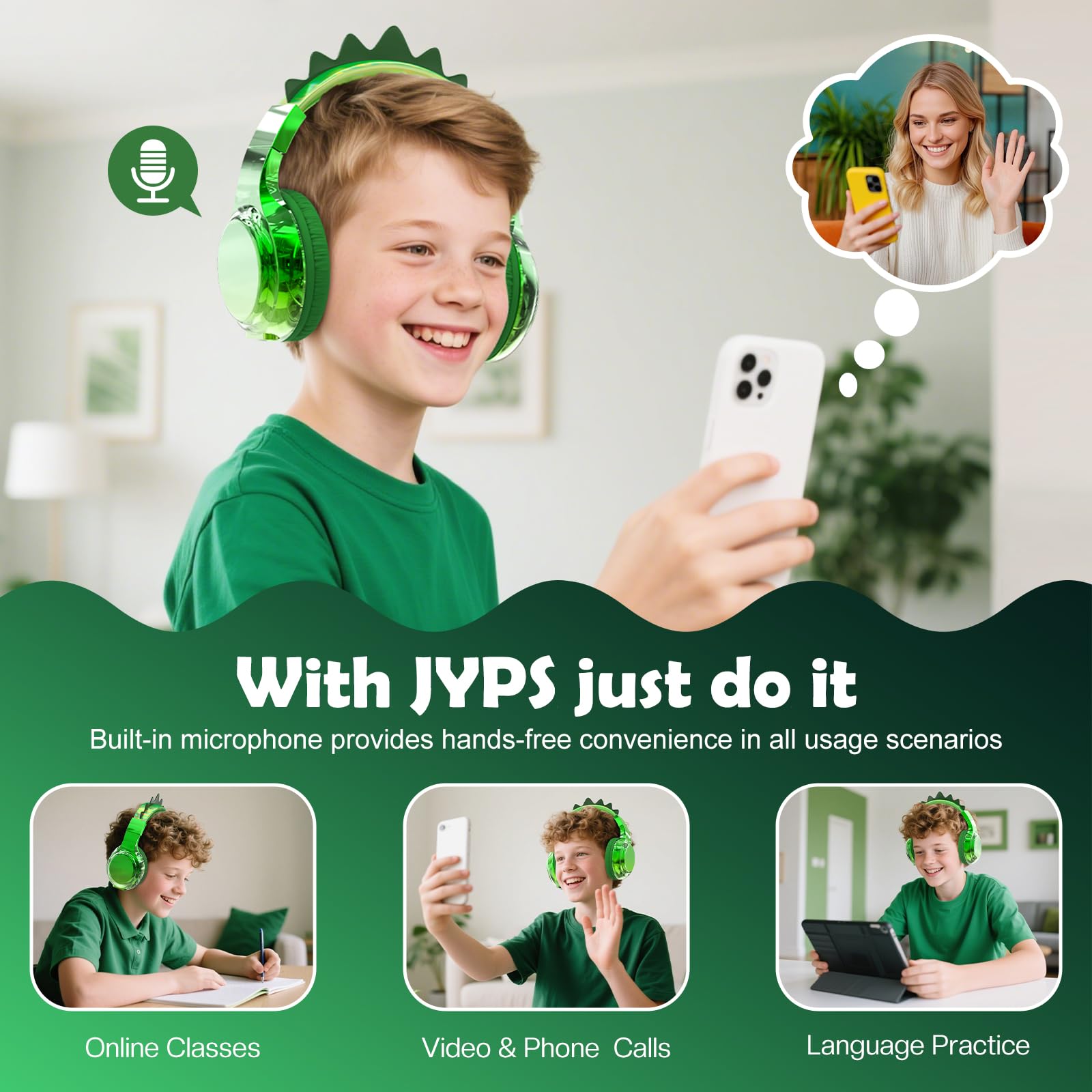 JYPS Bluetooth Kopfhörer Kinder, Metallisch Kabellose Kopfhörer Kinder Over Ear mit 74/85dBA Lautstärkebegrenzung, 40 Stunden Spielzeit, ab 3 5 6 7 für iPad/Schule/Tablet (Dinosaurier, Grün)