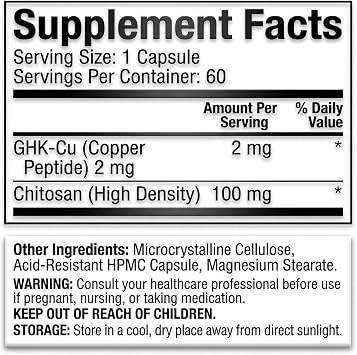 GHK-Cu Copper Peptide Complex - 2mg GHKCu with Chitosan Delivery System - Delayed-Release Capsules for Collagen, Hair & Skin Vitality - 60 Servings