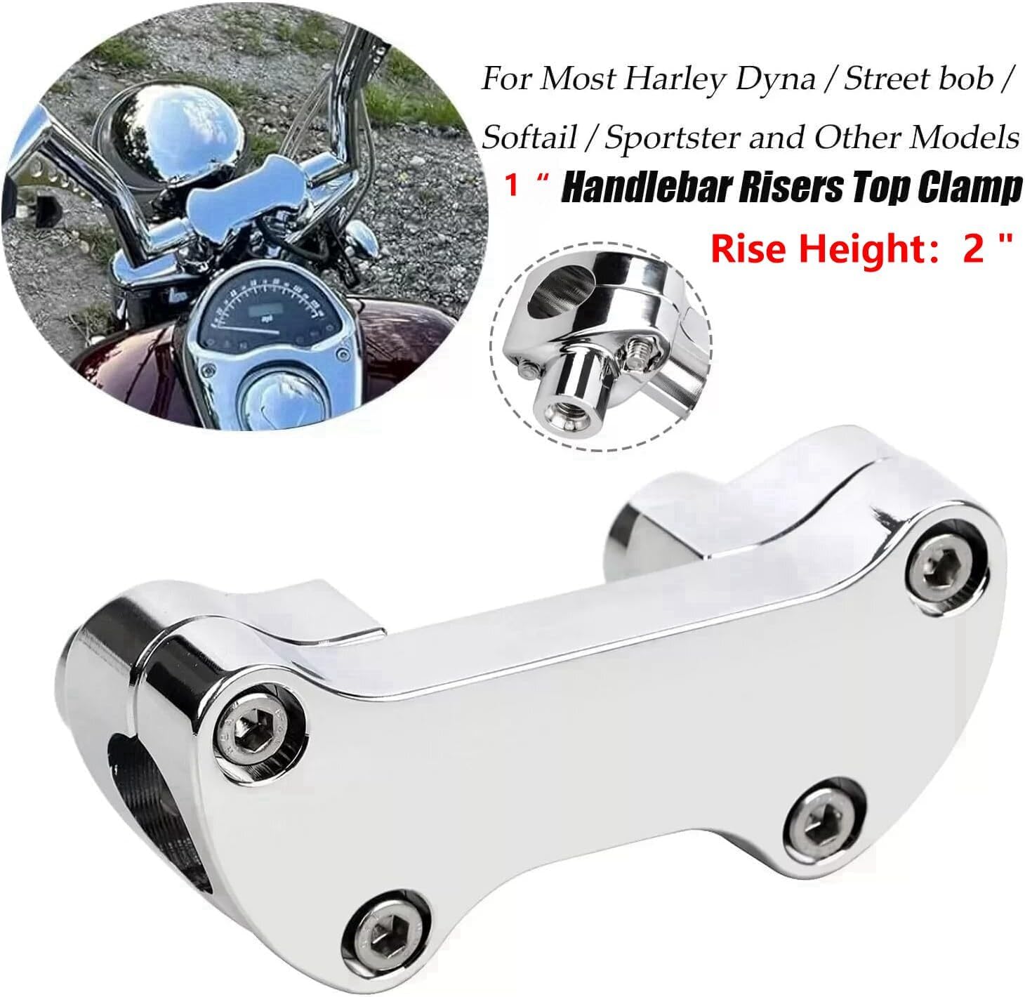 TDZ 1” inch Handlebar Riser/Top Clamp Kit Chrome 2" Tall for Harley Touring Softail Sportster Dyna, (rise height：2" ；for 1" Handlebar)