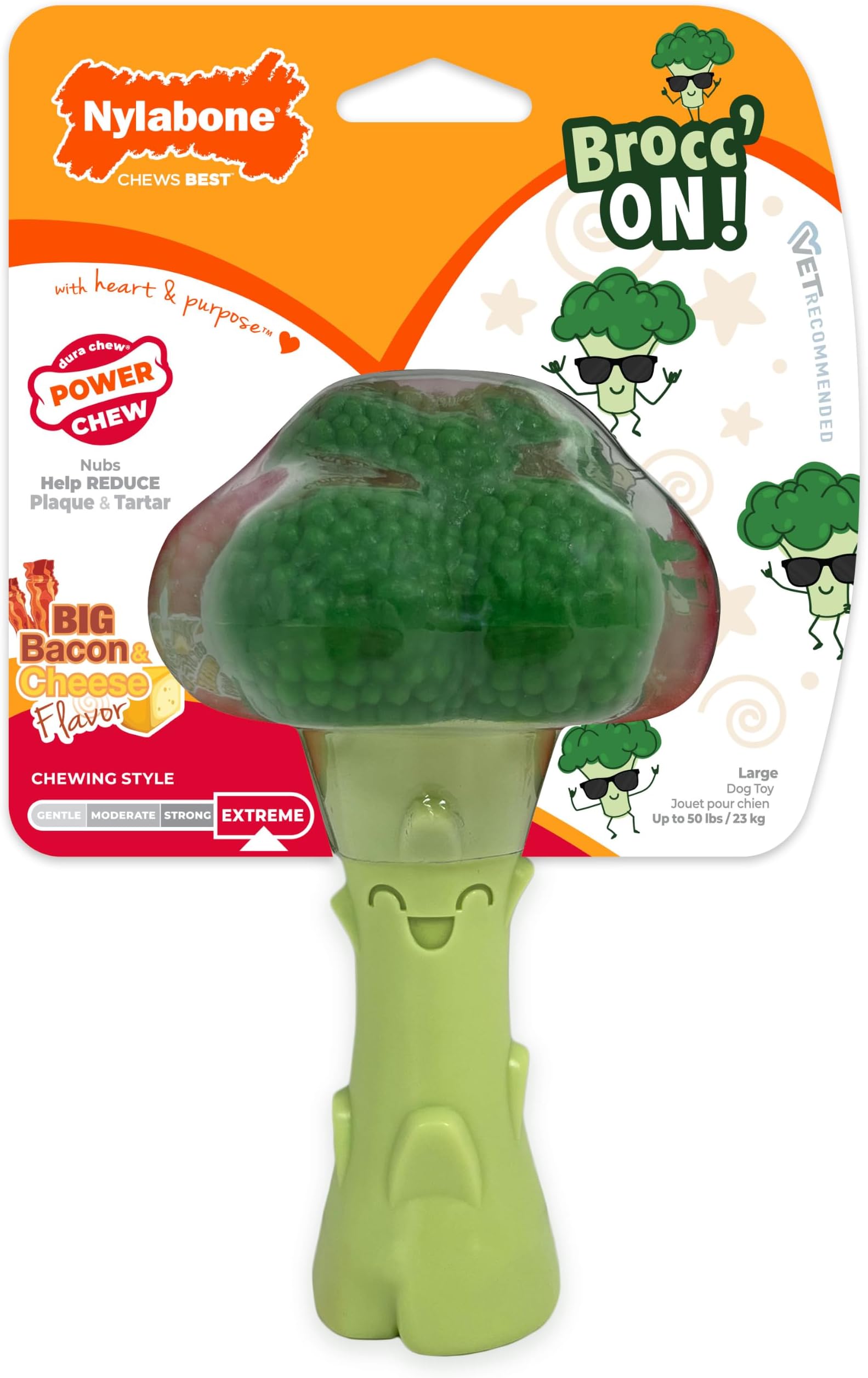 Nylabone Power Chew Broccoli Dog Chew Toy, Bacon & Cheese Flavor, Large | Durable dog toys for aggressive chewers, long lasting, discourages destructive chewing, for dogs up to 50 lbs