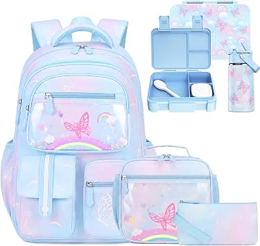 ACESAK 5PCS Rainbow Backpack for Girls with Lunch Box & Water Bottle,Blue