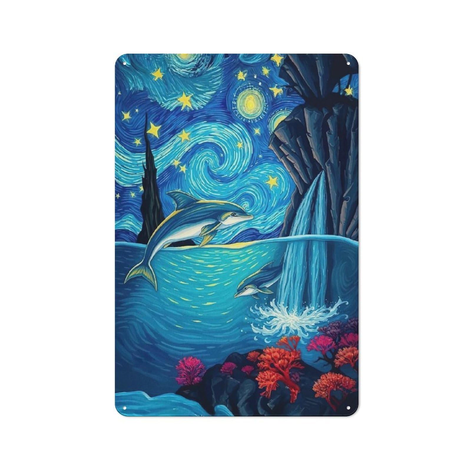 Junmoney Dolphins Starry Night Sky Tin Wall Plaque 30X20cm With For Hobby Room Or Studio, For Updating Hobby Room And Studio After Moving