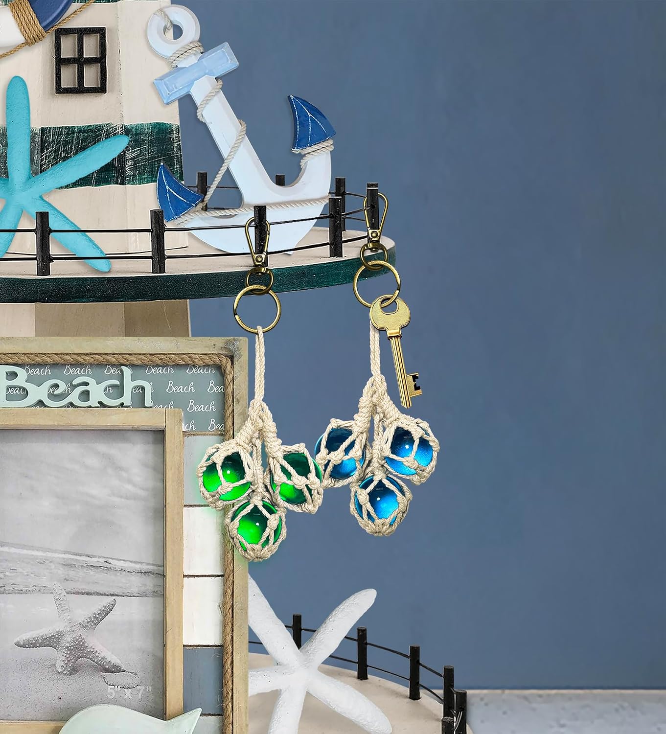 SAILINGSTORY Glass Fishing Float Keychain Bag Charms Nautical Coastal Beach Accessory for Purses and Bags