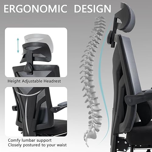 Miniatura 6 de Silla de oficina de malla, silla ergonómica de escritorio con reposacabezas y soporte lumbar ajustable, silla giratoria para oficina en casa con