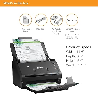 Epson Workforce ES-500WR Wireless Color Receipt & Document Scanner for PC and Mac, Auto Document Feeder (ADF), Black