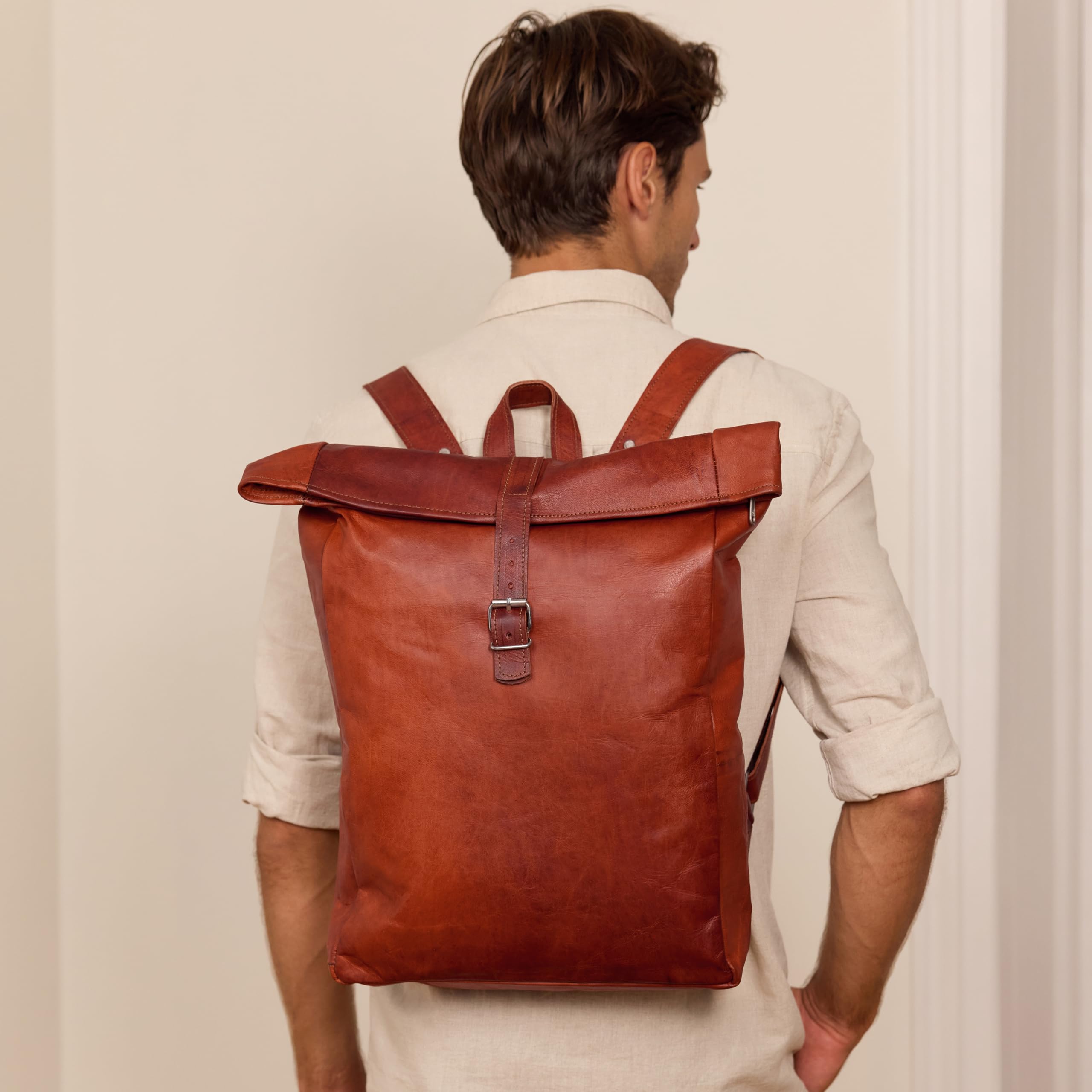 Gusti Rucksack Leder - Niklas Rolltop Lederrucksack Vintage Cityrucksack Outdoorrucksack Laptoptasche Unirucksack Braun Leder Damen Herren Unisex
