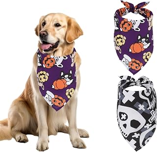 2pcs Halloween Dog Bandannas, 25.6x17.7 Inch Triangle Dog Bandanas Adjustable Dog Neckerchief for Small Medium Large Dog Halloween Pumpkin Dog Costumes (Skull, Dog Head)