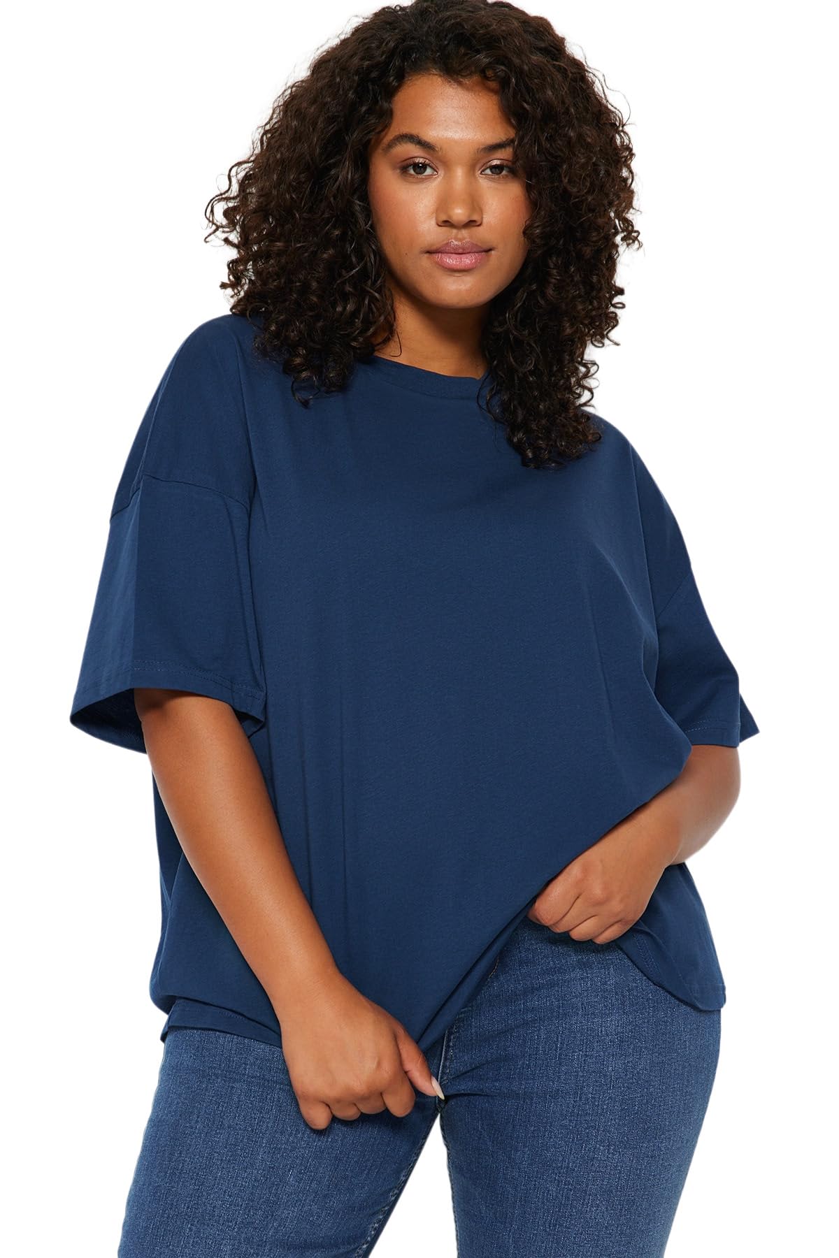 Trendyol Damen Navy Women's Gerade Kurzarm Plus Size T-Shirt, 4XL Größen