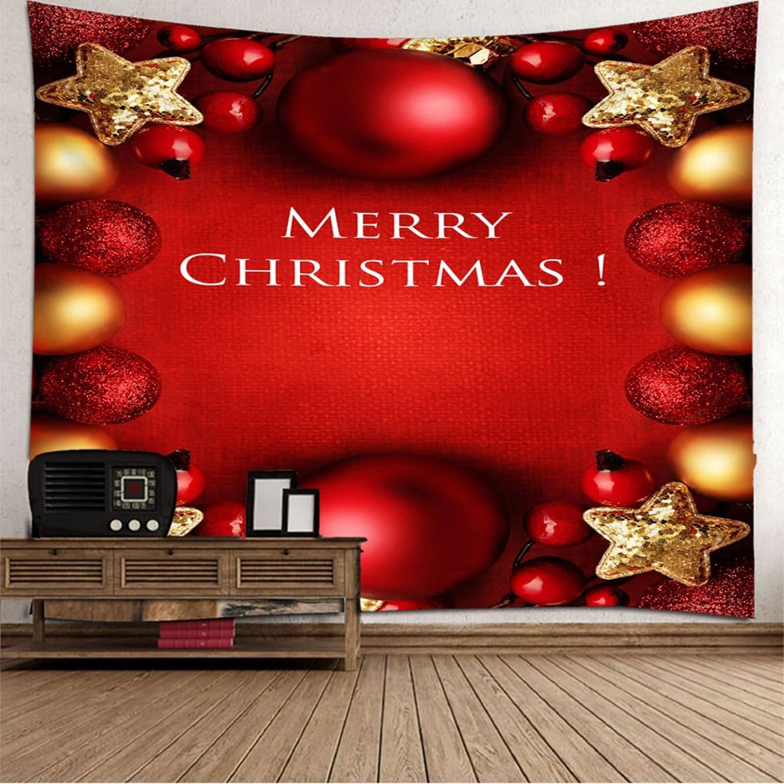 Tapices Tematicos, Tapices de Pared Bolas y Estrellas Navideñas Merry Christmas Rojo Amarillo Poliéster 350X256cm