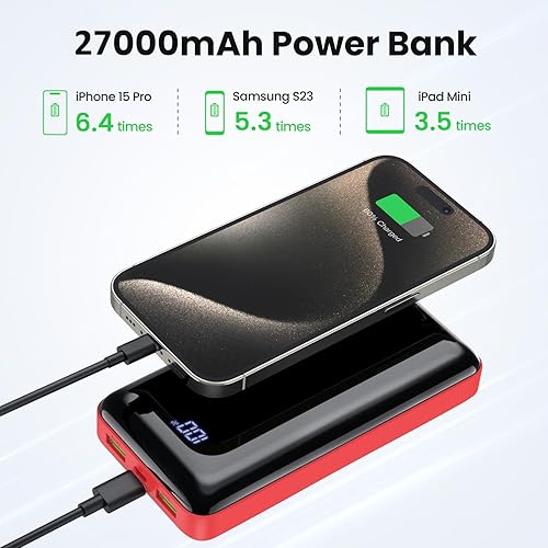 Miniatura 3 de Cargador portátil de 27000 mAh, batería USB C de carga rápida de 22.5 W, 3 salidas y 2 entradas, pantalla LED, banco de batería externa para iPhone
