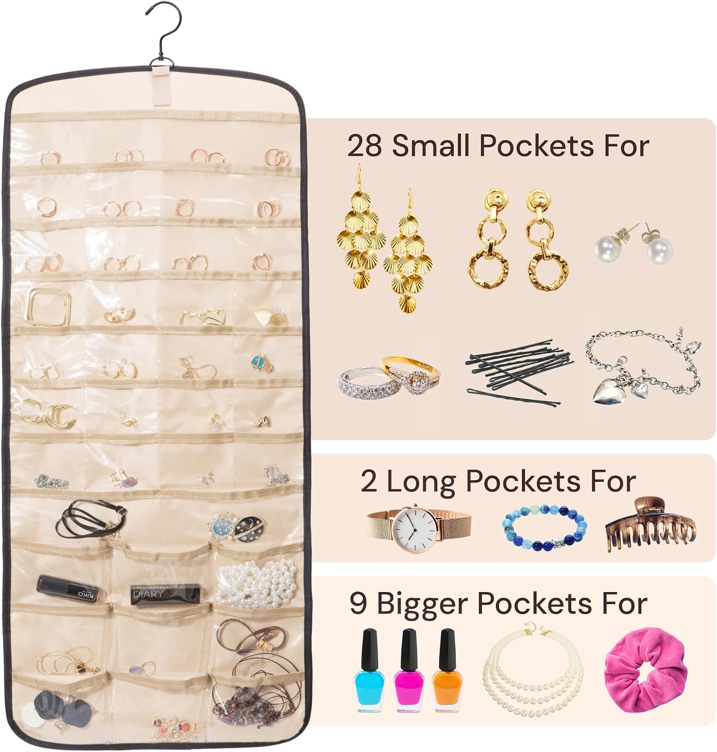 Boxy Concepts Necklace Holder - 1 Pack Double Side - Easy-Install 10.5"x1.5" Hanging Jewelry Organizer Wall Mount with 10 Hooks - Beautiful Jewelry Hanger for Necklaces, Bracelets and Earrings (Black)