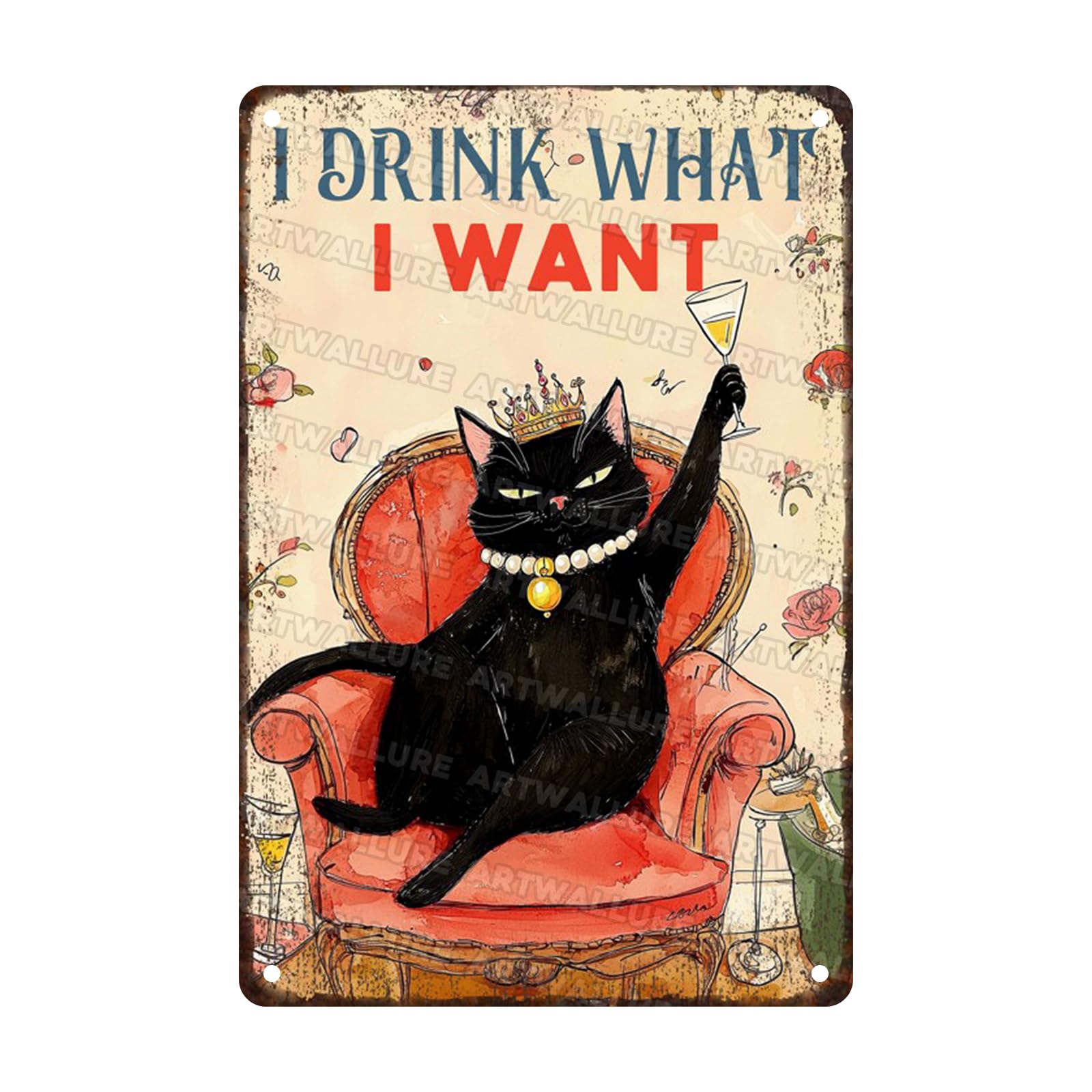 Black Cat Queen Metal Tin Sign I Drink What I Want Retro Wall Art for Home Bar Cafe Rustic Decor 8x12inch