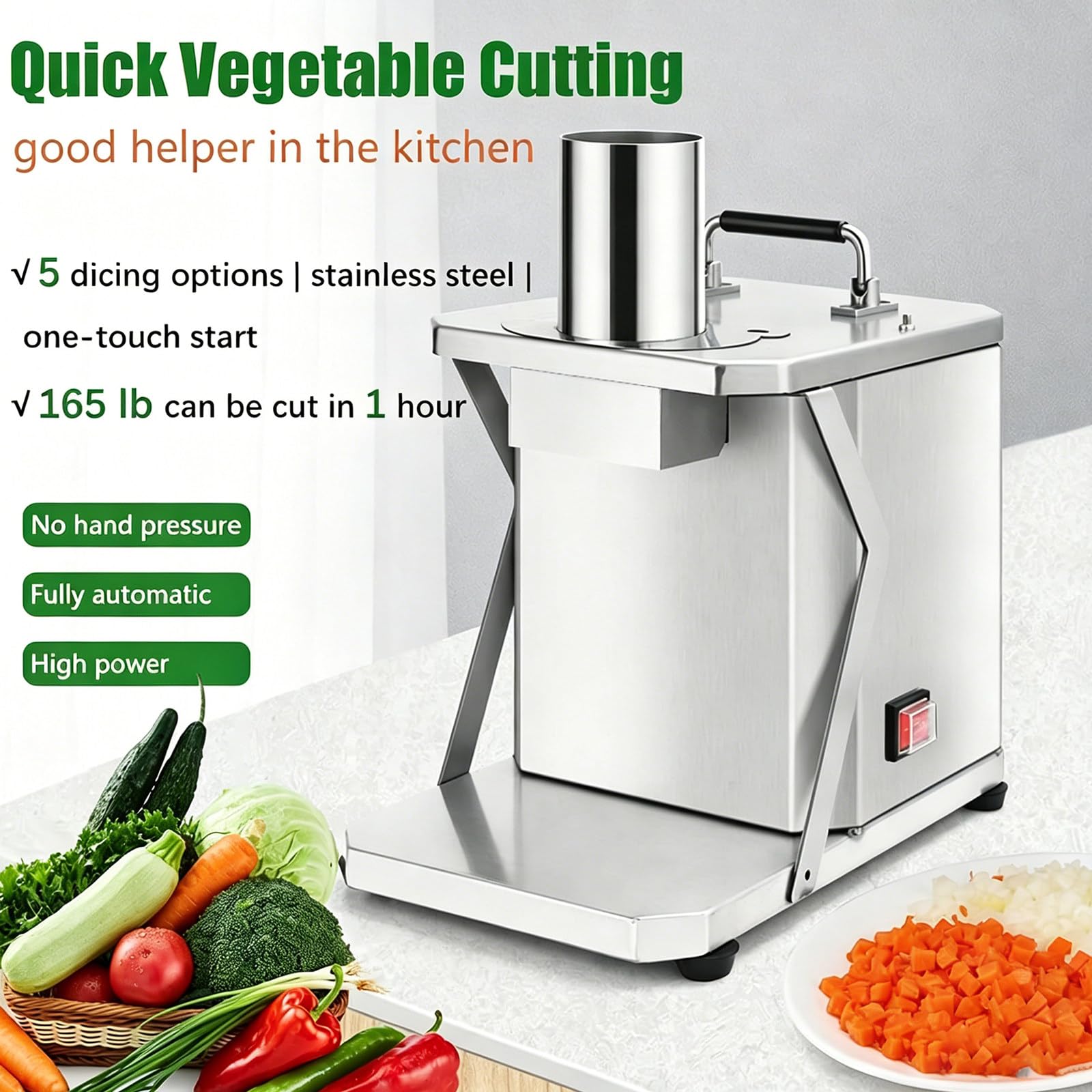Robot da Cucina Professionale Taglia Verdure a Cubetti - 5 Griglie 6-15mm - Automatico, Sicuro - 165 lb/h - Acciaio Inox Lavabile - per Ravanelli, Sedano 8mm