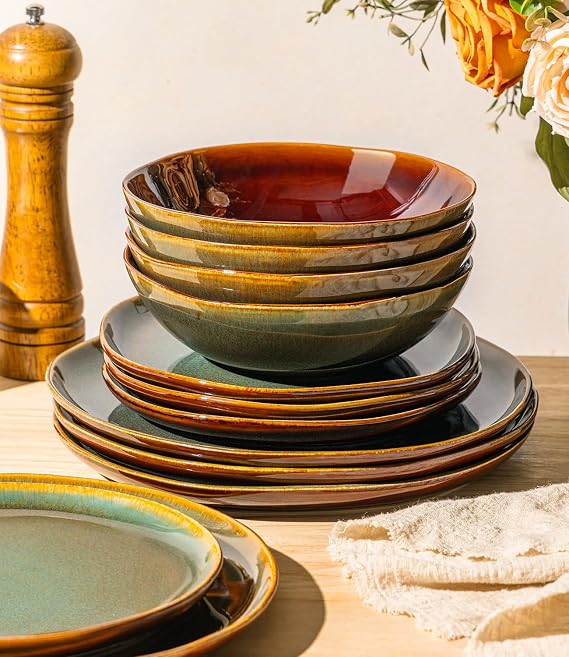 GBHOME Stoneware Dinnerware Sets for 4, 12 Pieces Rustic Earthenware Plates and Bowls Set, Handmade Reactive Glaze Ceramic Plate Sets, Chip Resistant Dishes, Microwave & Dishwasher Safe, Brown Green