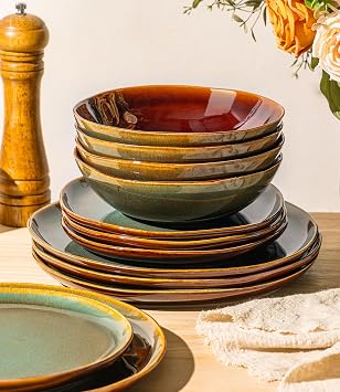 GBHOME Stoneware Dinnerware Sets for 4, 12 Pieces Rustic Earthenware Plates and Bowls Set, Handmade Reactive Glaze Ceramic Plate Sets, Chip Resistant Dishes, Microwave & Dishwasher Safe, Brown Green