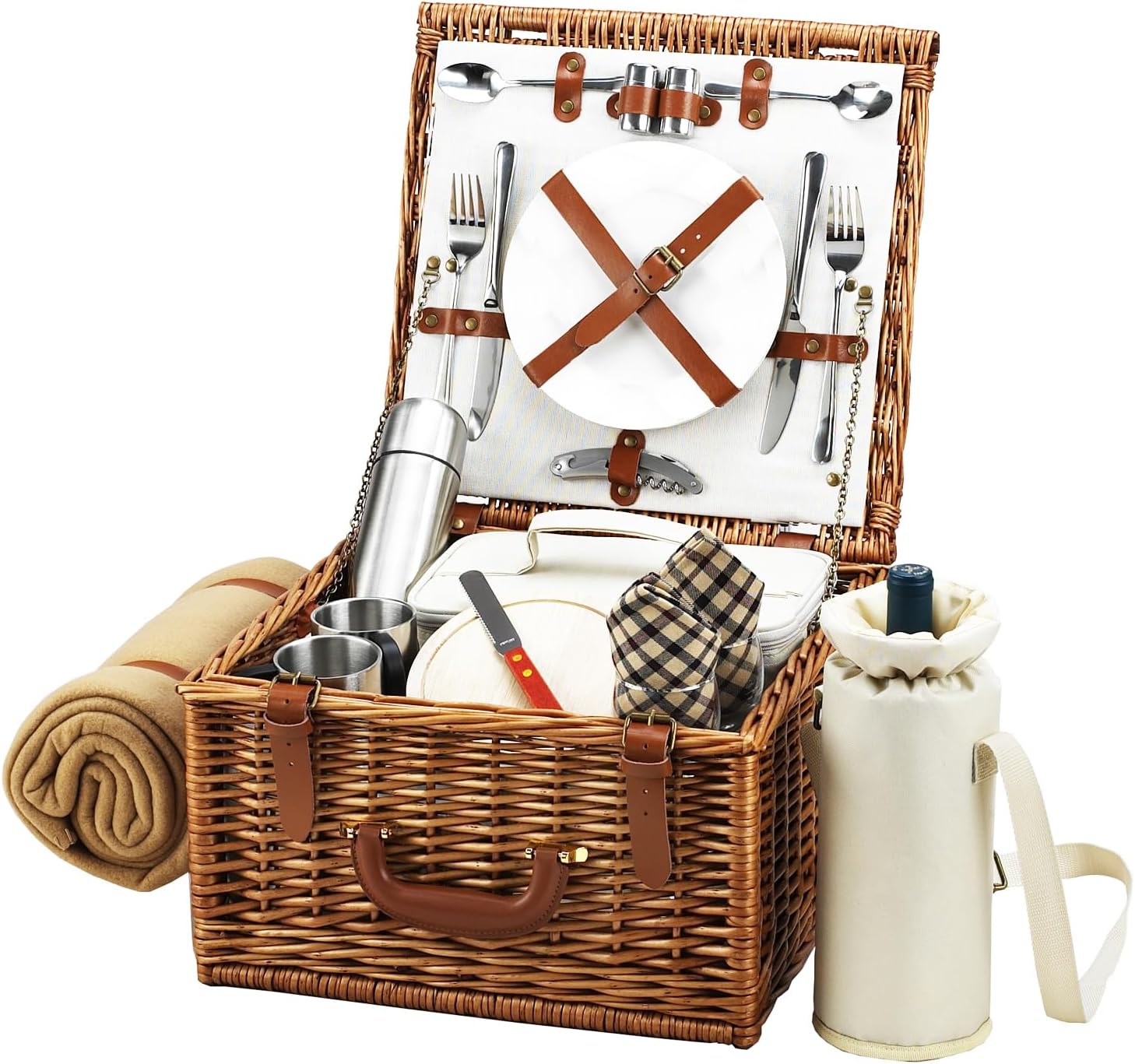 Picnic at Ascot Cheshire English-Style Willow Picnic Basket with Service for 2, Coffee Set and Blanket - Gazebo