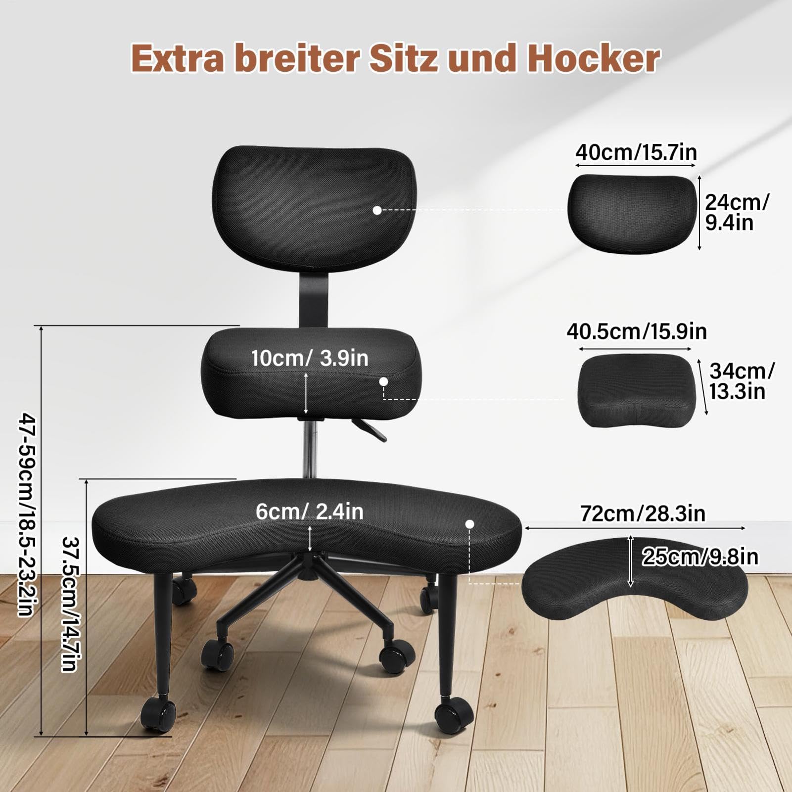 Meditationsstuhl, Crosses Legged Chair with Wheels, Yogastuhl ADHD Stuhl Mit Lendenwirbelstütze Und Verstellbarem Neigungswinkel, 47–59cm Einstellbare Höhe for Home and Offices