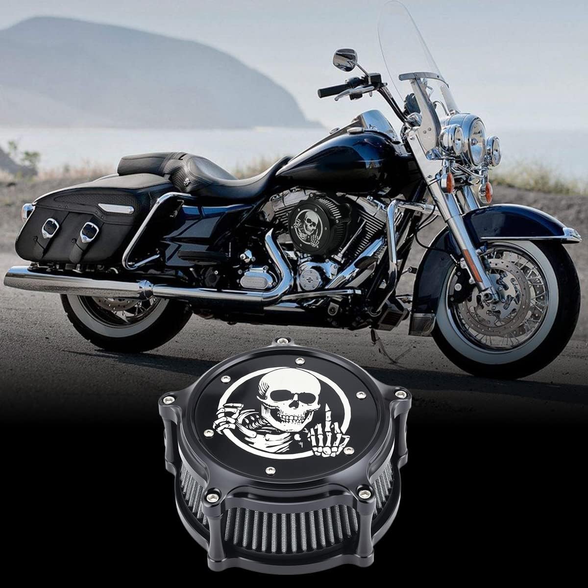 Motorcycle Air Cleaner Skull Style Air Filter Intake Kit Fit for Touring Road King Street Glide Trike 2008-16 Softail 2016-17 Dyna FXDLS 2017(Black)
