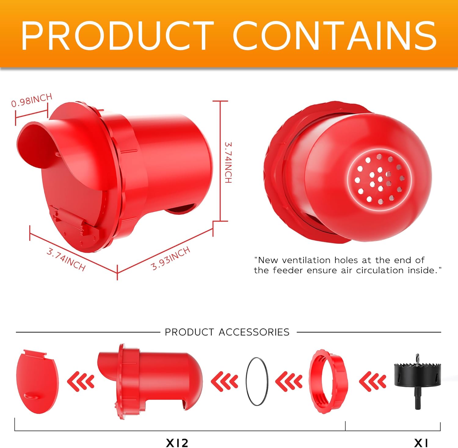 Chicken Feeder Port 12 Pack Poultry No Waste Port Kit with Stopper Lid, 1 Hole Saw, DIY Automatic Reusable Coop Feeder, Rain Proof Gravity Feeding Geese Duck Hens Rooster for Bucket Barrel Bin (Red)