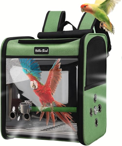 鳥キャリー 鳥バッグ 鳥用 インコ キャリーバッグ キャリーリュック 鳥用 お散歩ケージ お出かけ バードキャリア 外出 持ち運び 止まり木付き 餌入れ 折りたたみ式 散歩、旅行、通院、避難用の鳥かご(グリーン) - 1