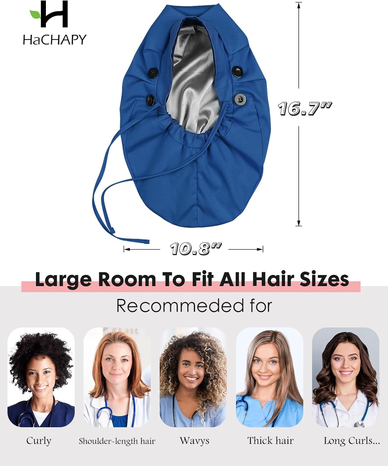 Large Satin Lined Scrub Cap for Women Long Hair Nurse Head Cap Surgical Bonnet 4 Buttons - Image 3