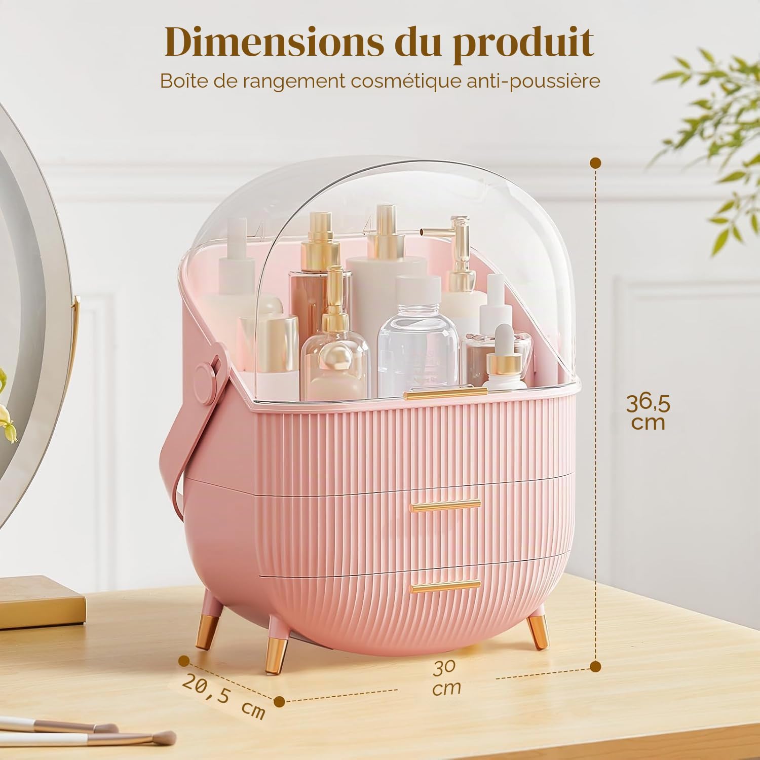 Kousee - Organisateur de maquillage avec couvercle transparent, tiroirs pour soins de la peau, porte-beauté pour salle de bain, coiffeuse, résistant à la poussière et étanche, rose