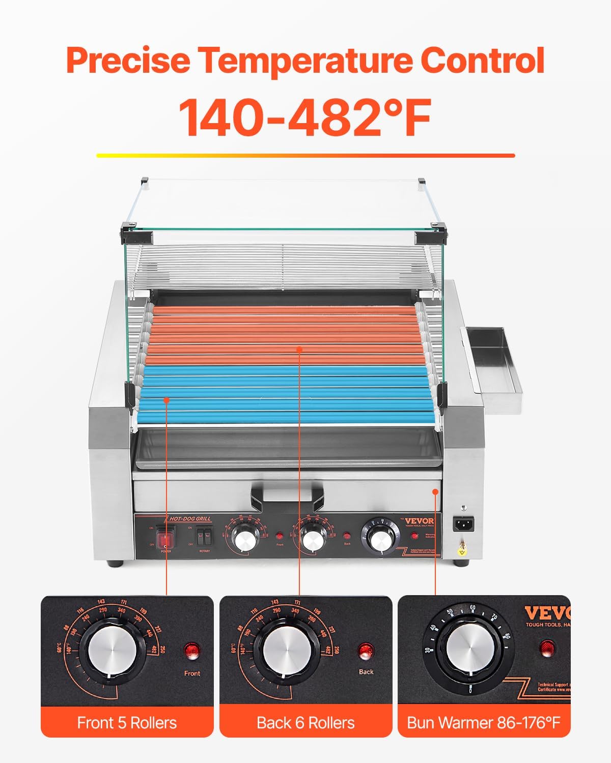Close-up of the VEVOR Hot Dog Roller control panel, showing three rotary knobs for temperature control: Front 5 Rollers, Back 6 Rollers, and Bun Warmer.