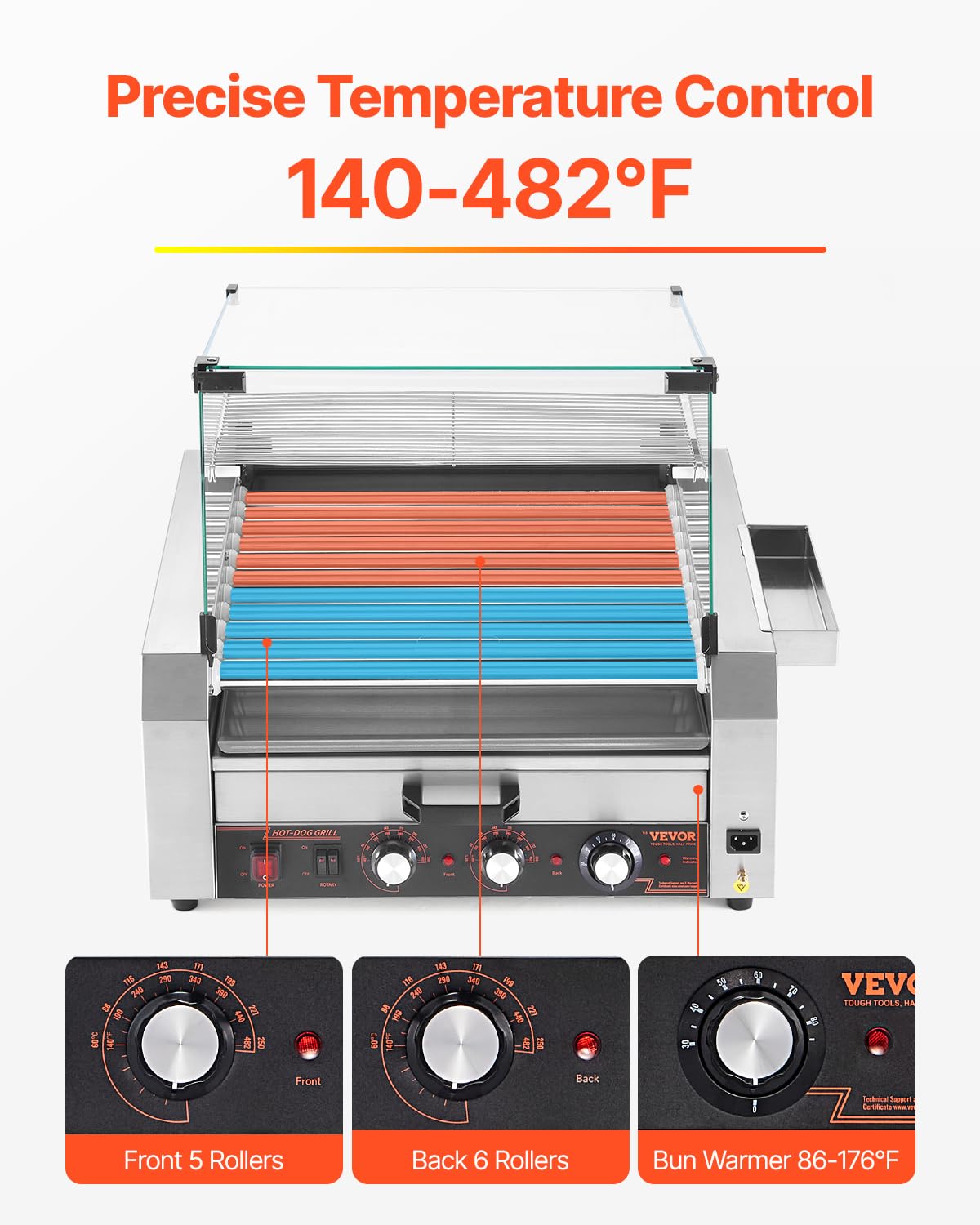 VEVOR Rullo per Hot Dog, 30 Hot Dog 11 Rulli, Cuocitore per Salsicce in Acciaio Inox da 2400 W Scalda Panini, Coperchio, 3 Controlli di Temperatura, Contenitore Laterale, Vassoio Raccogli-Olio