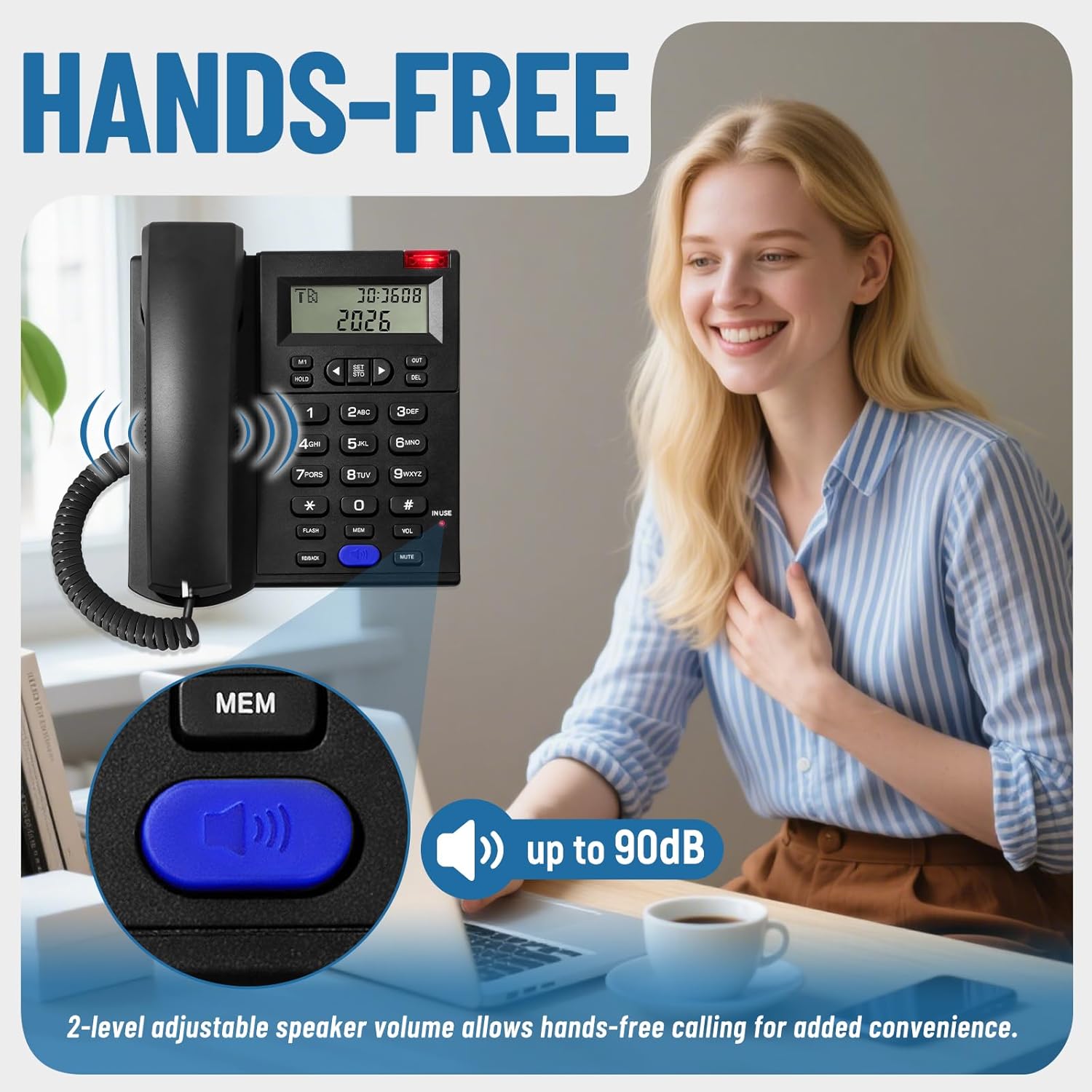 Image showing a person using the phone in hands-free mode, with a close-up of the speaker button.