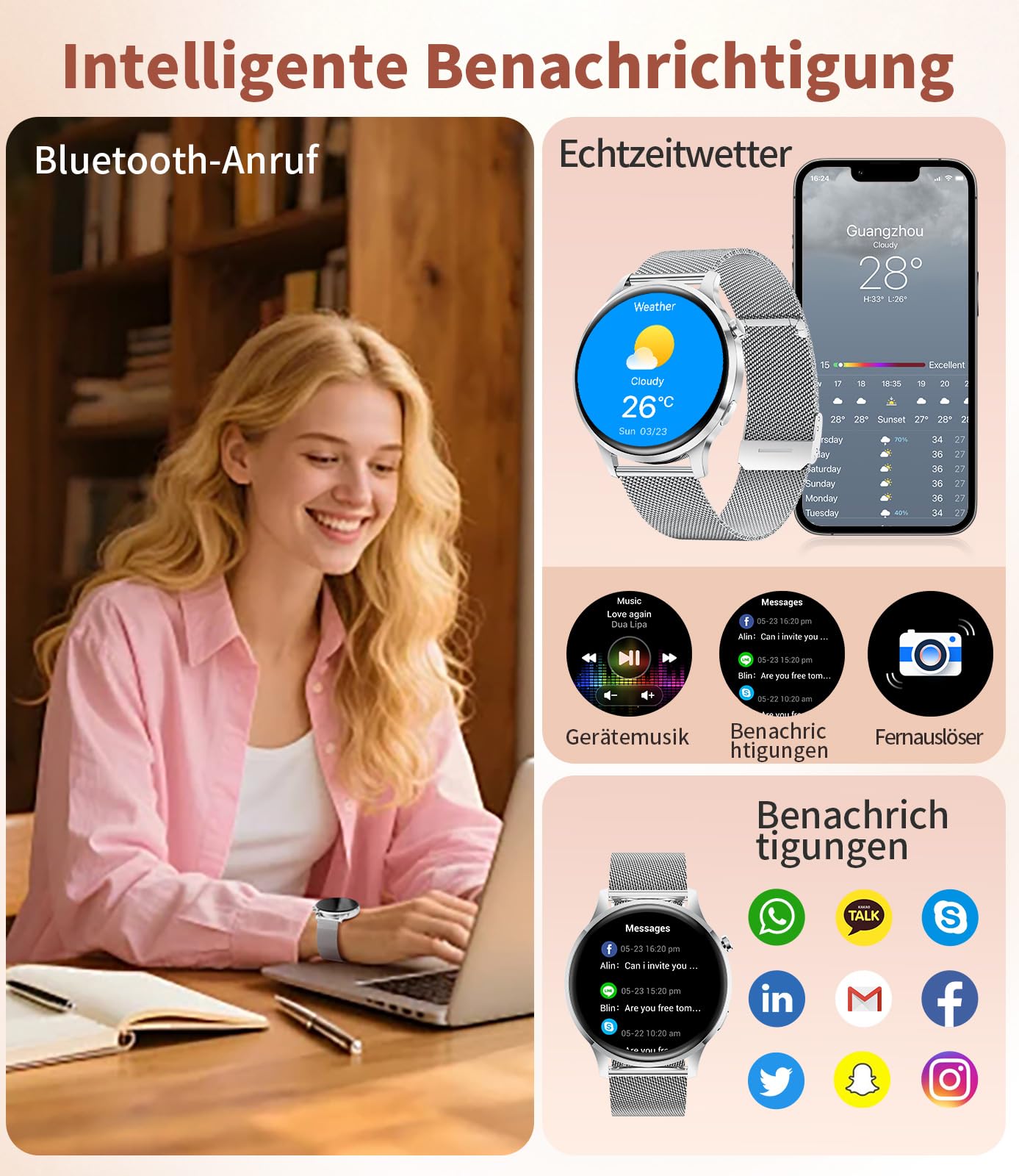 Smartwatch Damen Rund mit Telefonfunktion, 1,32'' AMOLED Fitnessuhr mit 100+ Sportmodi, Herzfrequenz/Schlafmonitor, Uhr Damen mit Whatsapp und Alexa, Elegante Armbanduhr für Samsung/iOS/Android,FV23-E