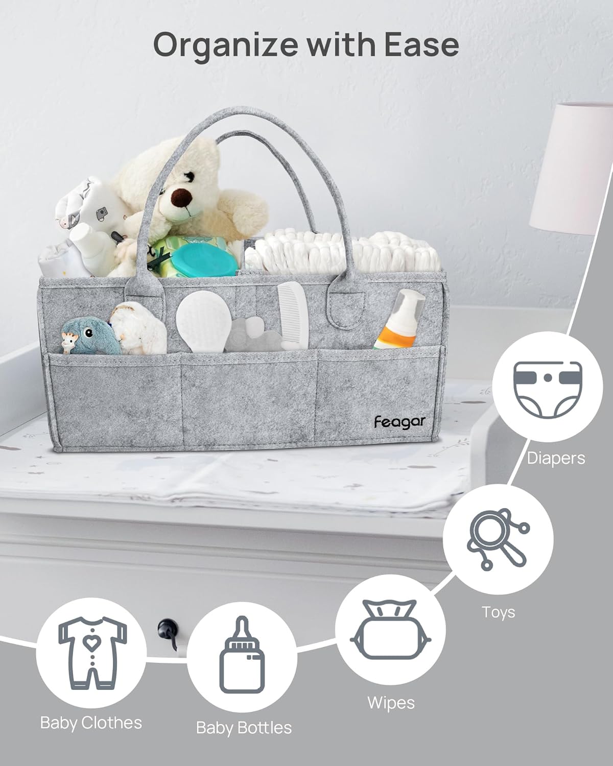 Feagar Baby Diaper Caddy Organizer, 15 Inch Large 2 Pack Set with 8 Pockets & 2 Dividers, Portable Nursery Storage Basket & Car Organizer for Changing Table, Travel (Grey)