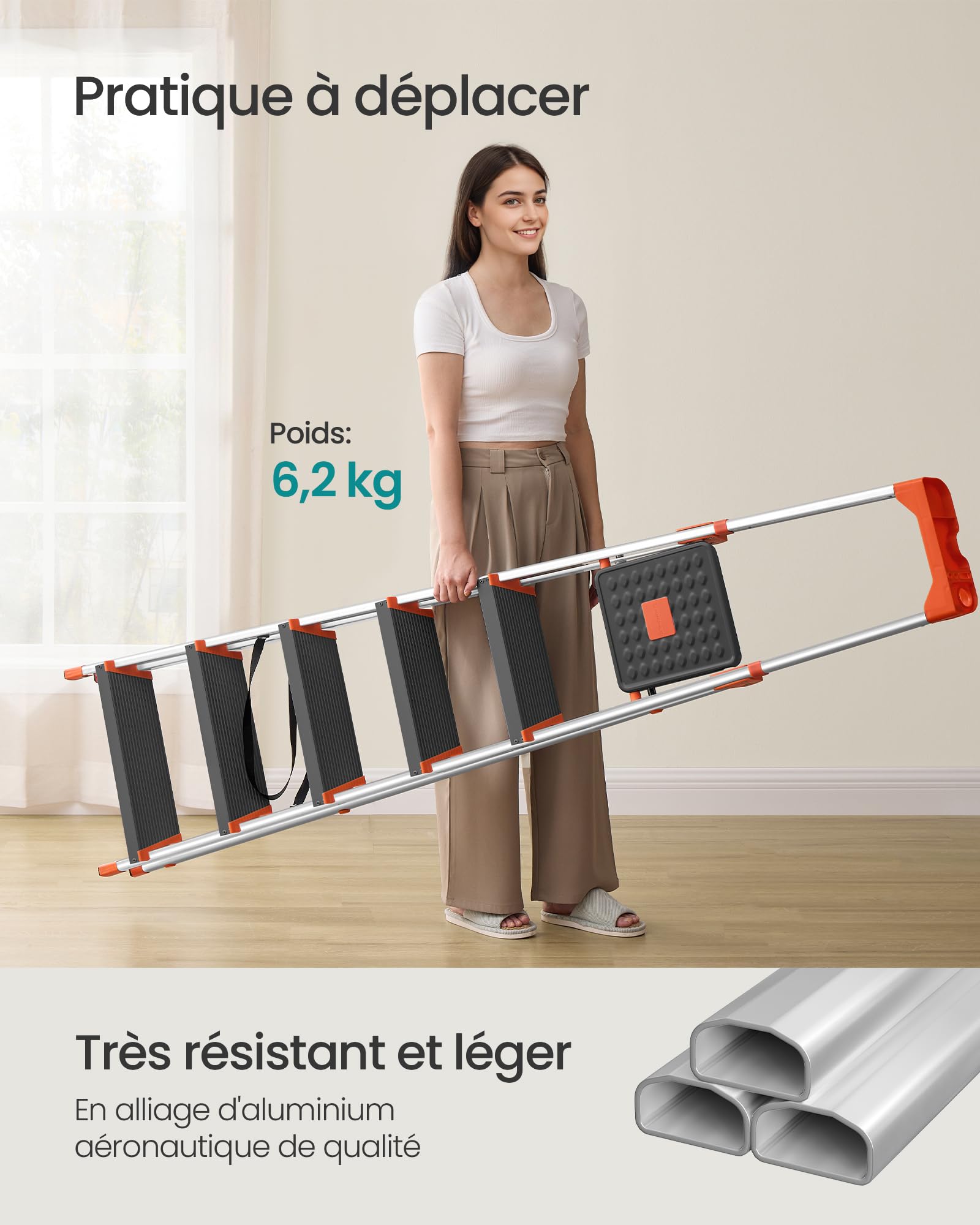 SONGMICS Échelle 6 Marches, en Alliage d'Aluminium, Escabeau, Largeur de la Marche 12 cm, Pliable, Plateau à Outil, Pieds Antidérapants, Capacité de Charge 150 kg, Noir et Orange GLT06BK