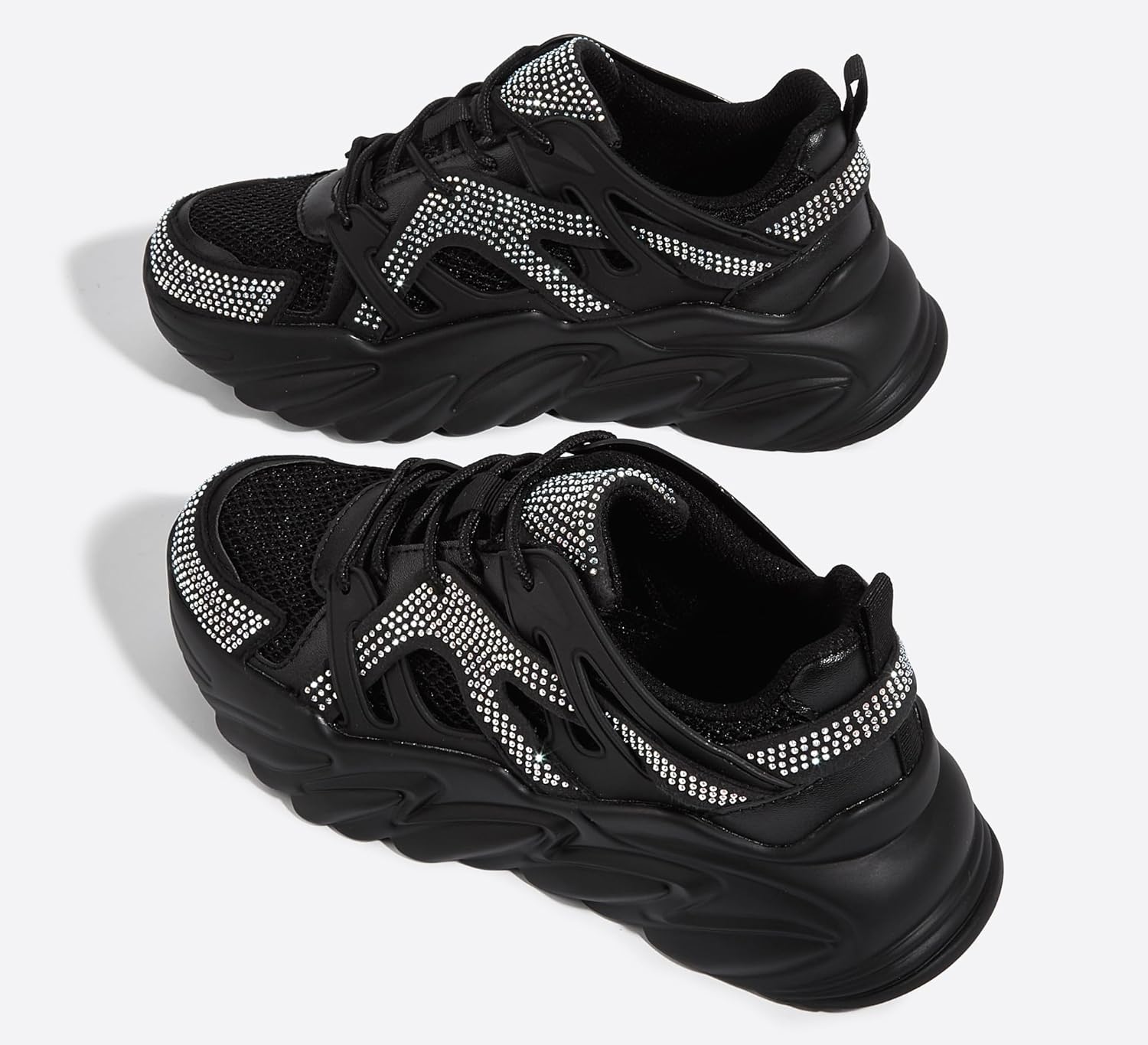 LUCKY STEP Women's Chunky Rhinestone Fashion Sneakers | Sparkly Platform Thick Dad Rave Mesh Walking Shoes