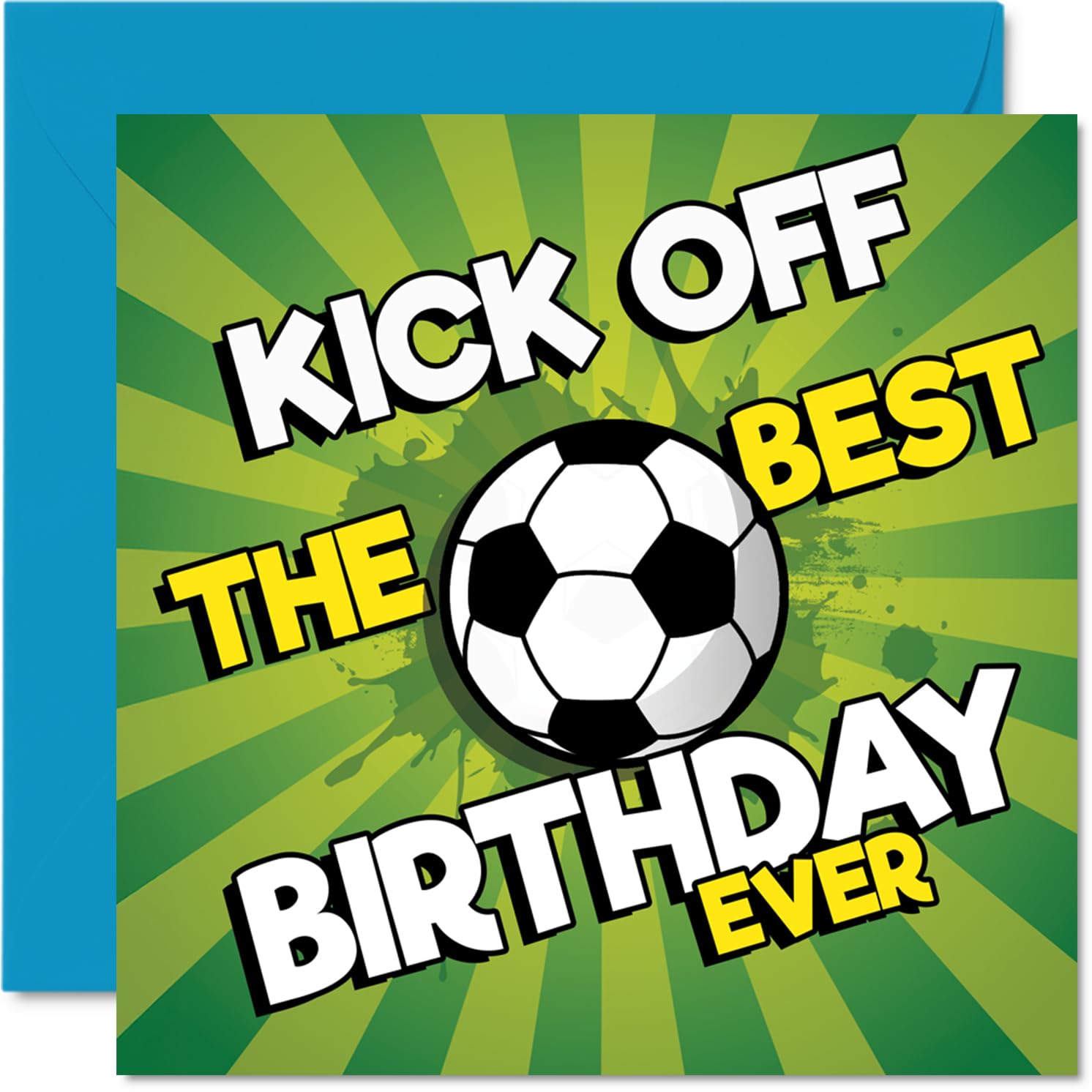Playful Birthday Card - Kick off the Celebrations - Bold Football Design with Energetic Text - Perfect for the Sports-mad Birthday - 145mm Square, Envelope Included