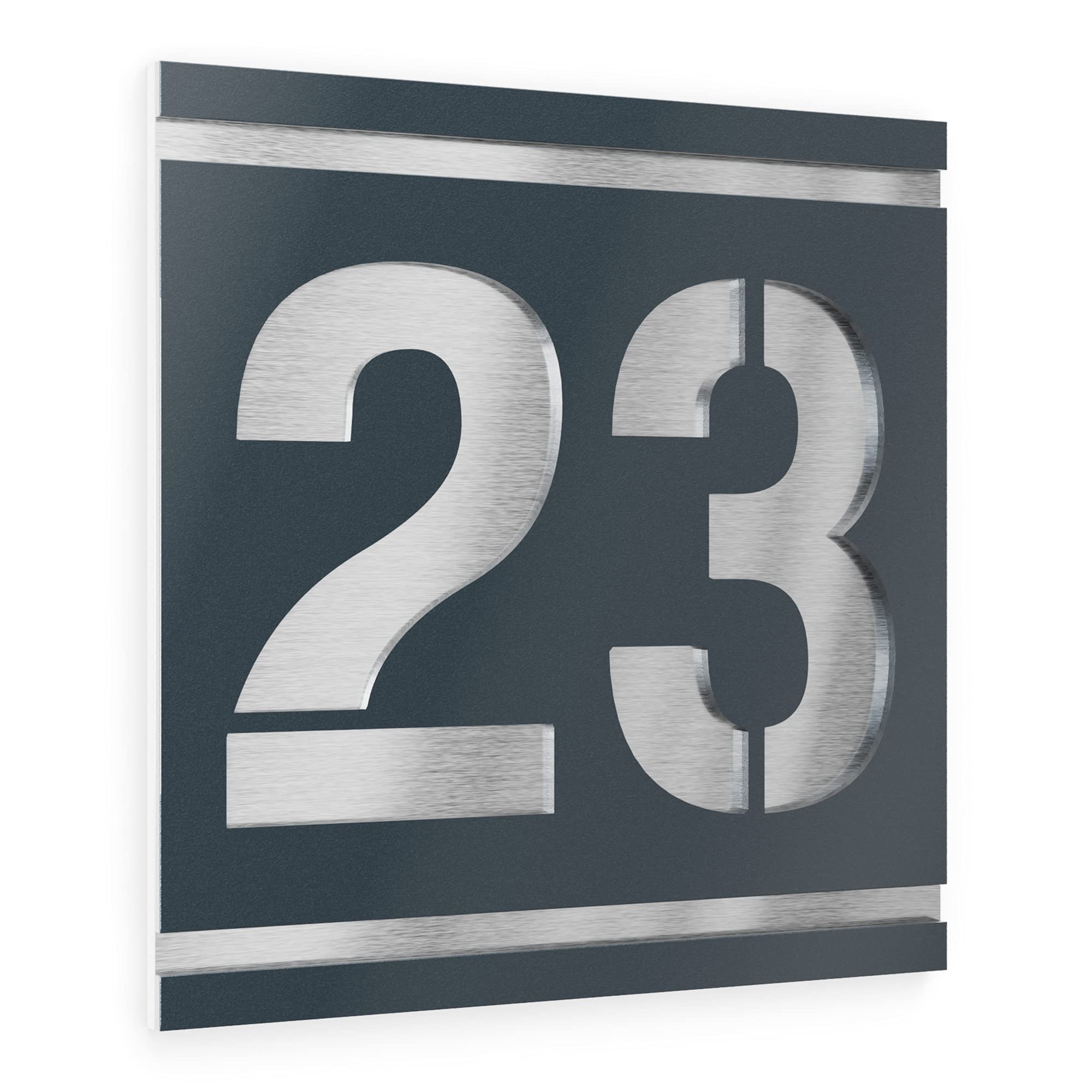 placa número para casa exterior – 230x230 mm, acabado antracita RAL 7016, acero inoxidable V2A (AISI 304), personalizable