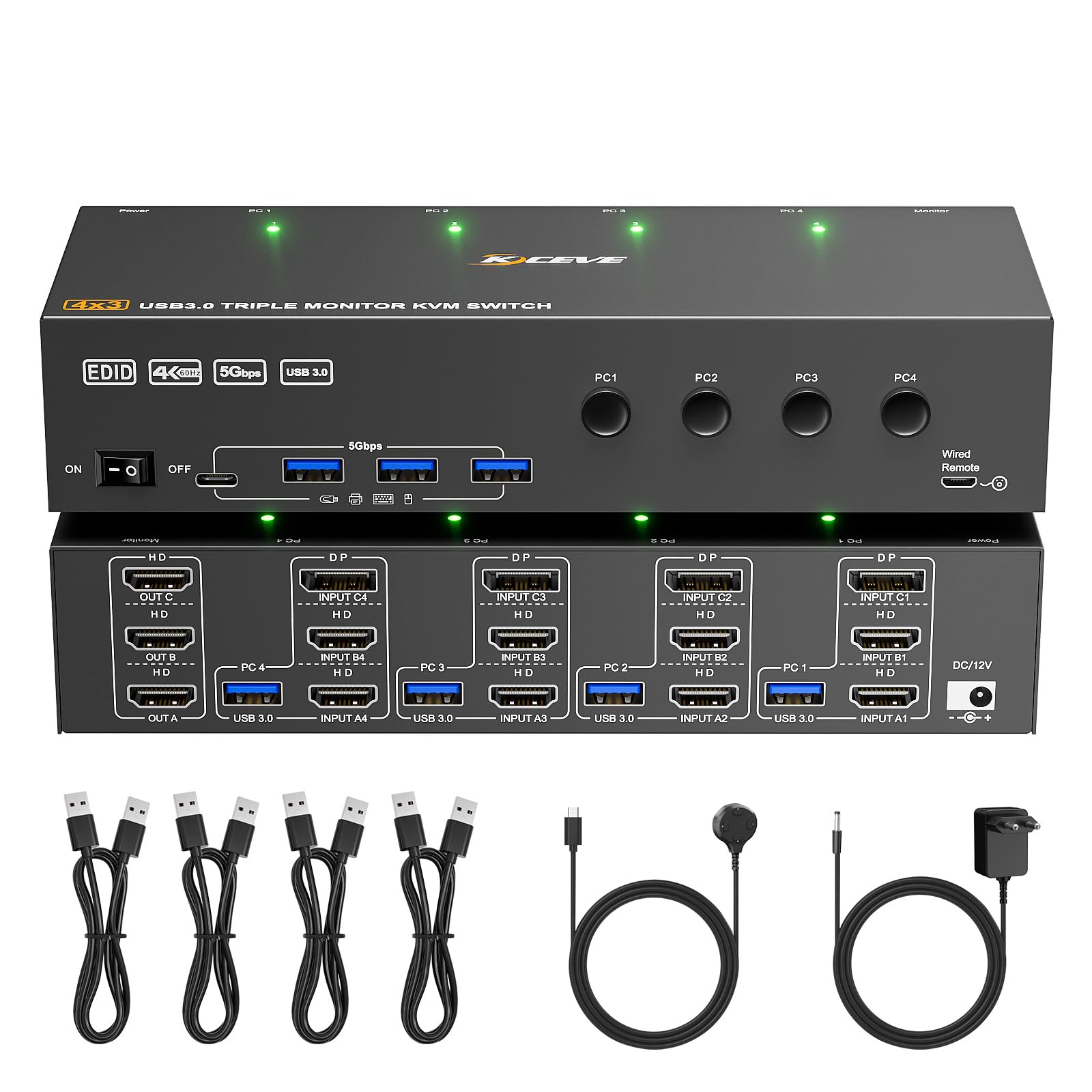 KVM Switch 3 Monitore 4 PC 4K@60Hz EDID Simulation, HDMI und Displayport KVM Switch Triple Monitor für 4 PC Teilen Sie 3 Monitor und 4 USB-Geräte, Kabelfernbedienung und 4 USB-Kabel Enthalten