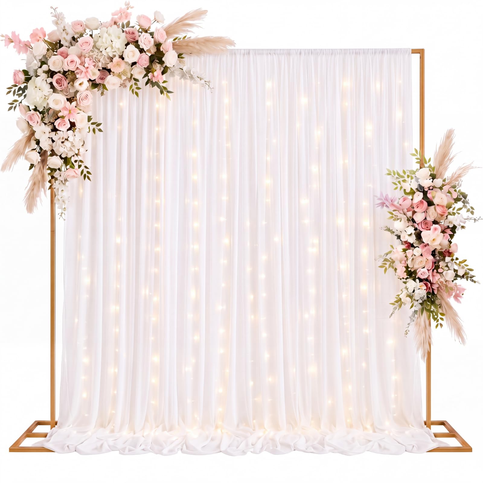 Fumete Soporte de telón de fondo dorado de 8 x 8 pies con cortina y kit de luces LED, cortina de 5 x 10 pies, 2 paneles con bolsillos para barra y cadena de luces ajustables para boda, fiesta de