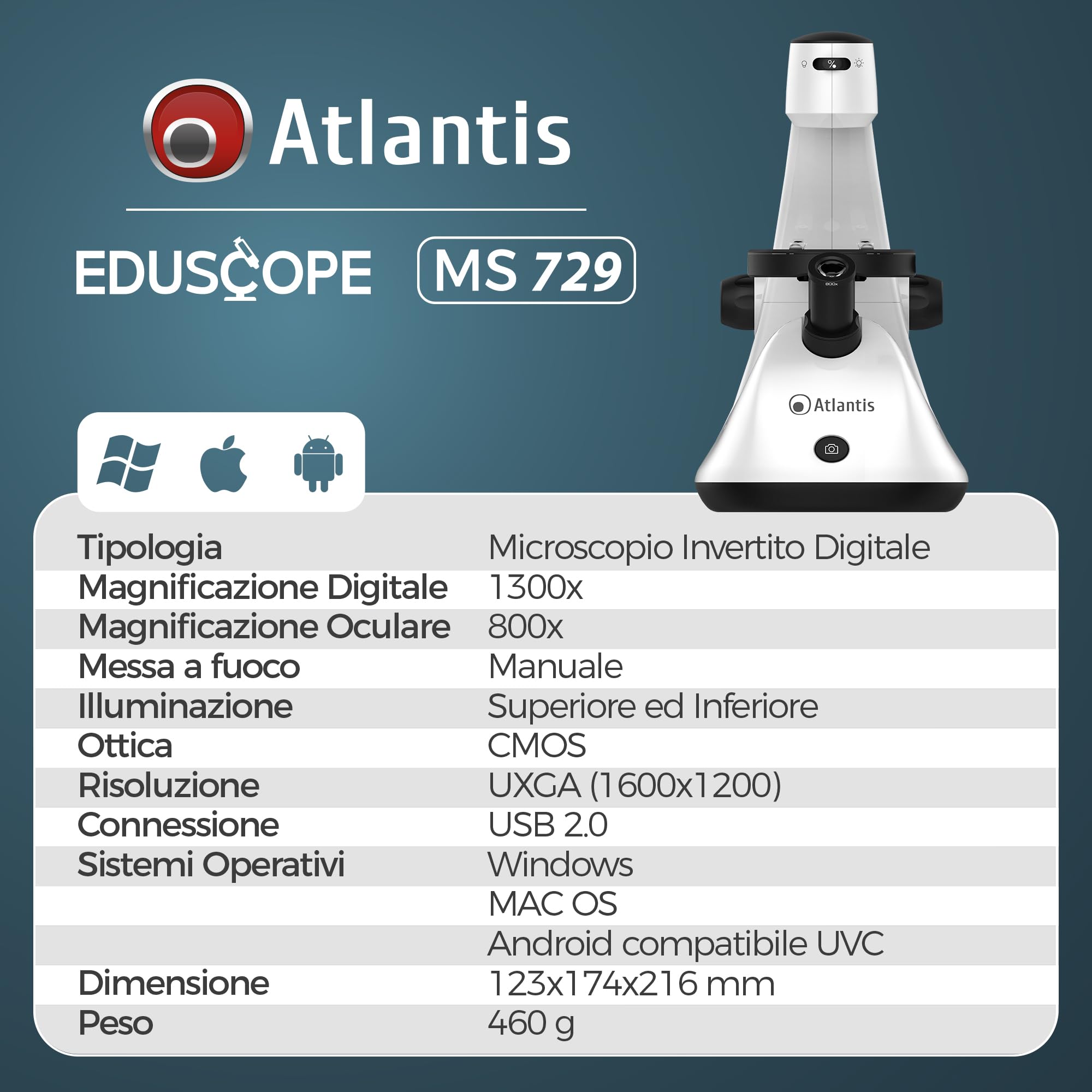 Microscopio Digitale Invertito USB Atlantis E45-MS729. Risoluzione UXGA 1600x1200. Ingradimento 1300x. Stab "X" e "Y". Messa a fuoco. Visore oculare. Illuminazione sup. ed inferiore. PC, MAC e Android