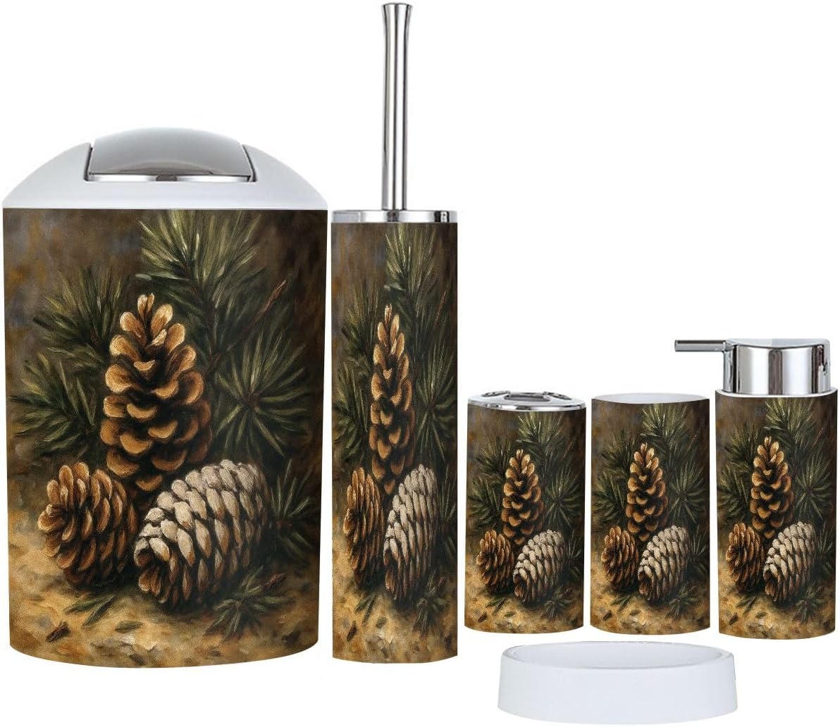 Bathroom Accessory Set 6 Piece Boho Rustic Pinecones Evergreen Needles Oil Painting Warm Earth Tones Trash Can, Toothbrush Holder, Soap Dispenser, Soap Dish, Toothbrush Cup, Toilet Brush Holder